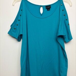 Daytrip Teal Cold Shoulder Short Sleeve Top with Studd Accents
